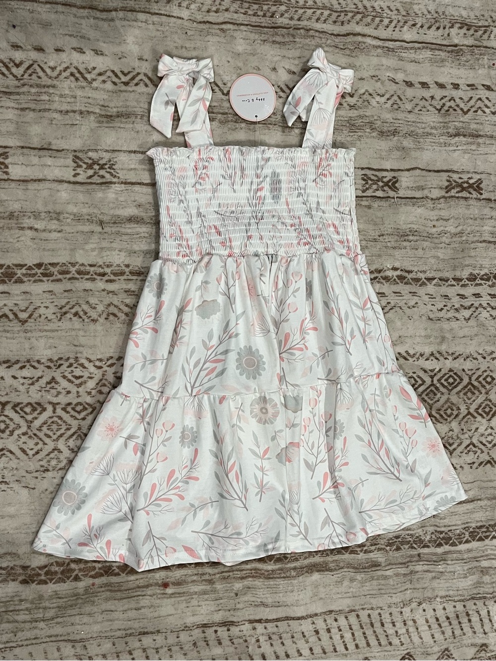 Smocked White Floral Tie-Shoulder Kids Dress